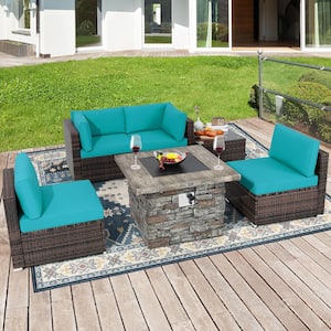 6 -Piece Wicker Patio Conversation Set 34.5 in. Fire Pit Table with Cover Turquoise Cushions