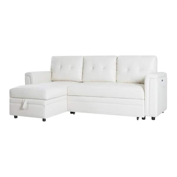 HOMESTOCK 84.85 in. Reversible Faux Leather Sleeper Sectional Sofa in White with Storage and USB Ports