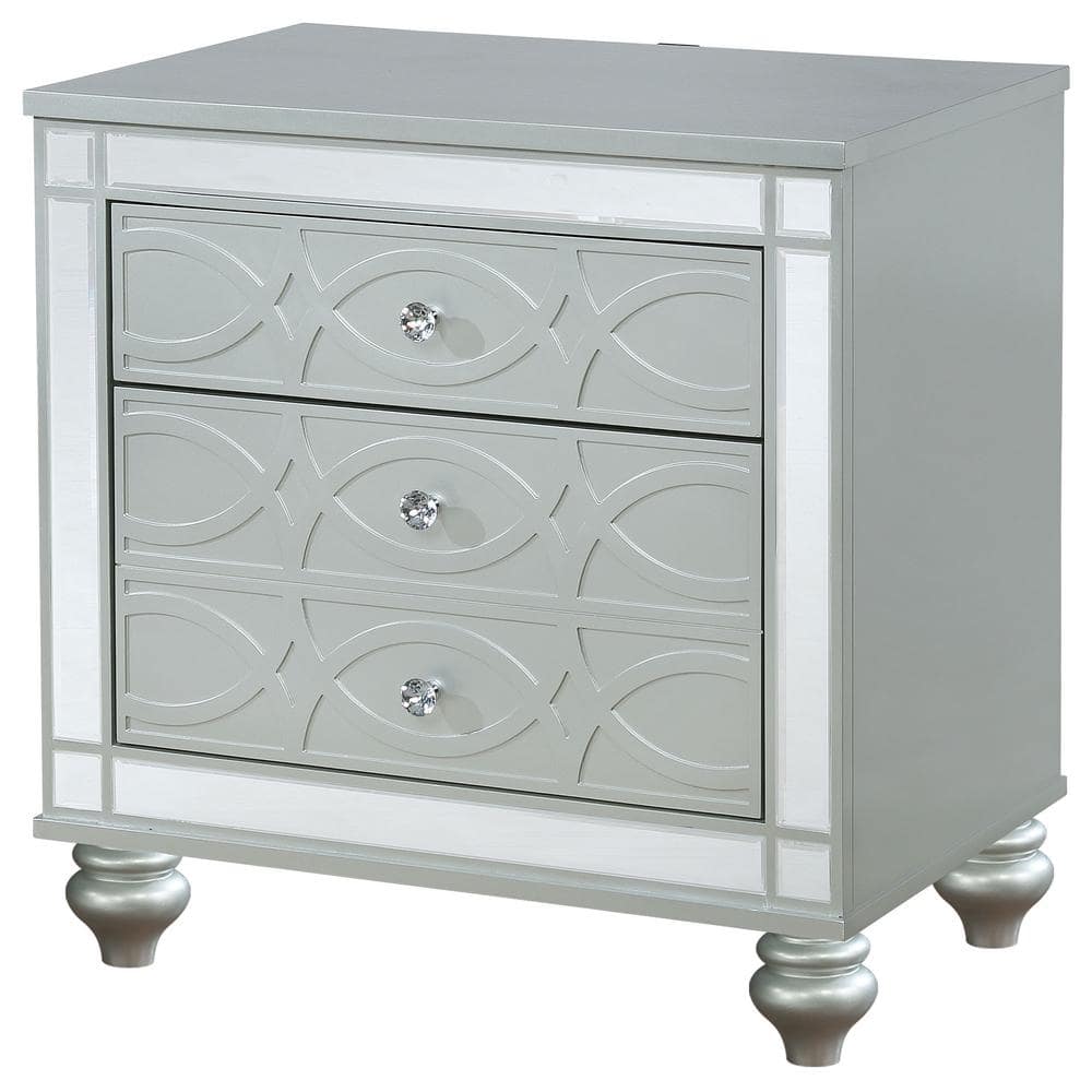 Silver Metallic 2-Drawer Nightstand with Crystal Knobs
