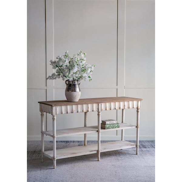 63 in. White/Beige Rectangle Wood Console