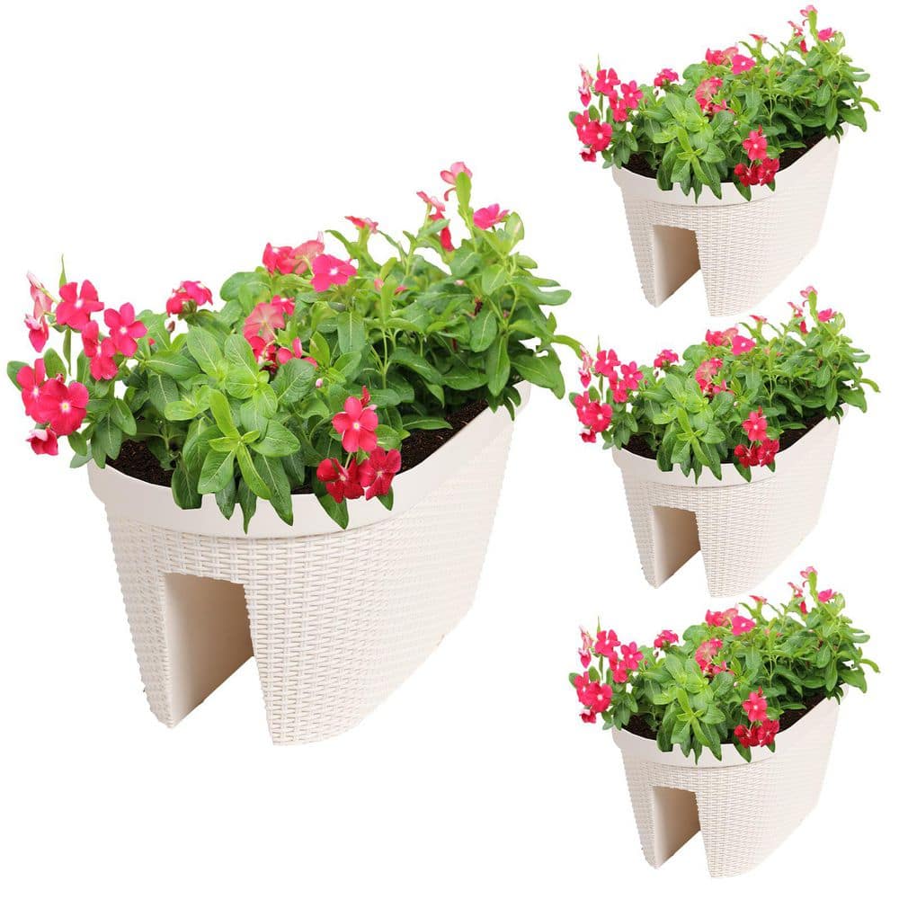 Aoodor 19.6 in. White Plastic Rattan Pattern Balcony Railing Planter ...