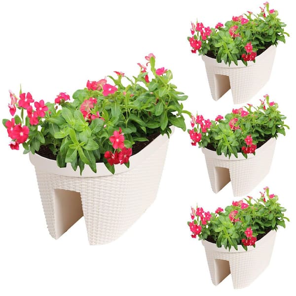 19.6 in. White Plastic Rattan Pattern Balcony Railing Planter Box (4-Pack)
