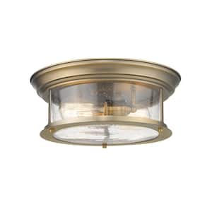 13.5 in. 2-Light Heritage Brass Flush Mount with Clear Seedy Shade