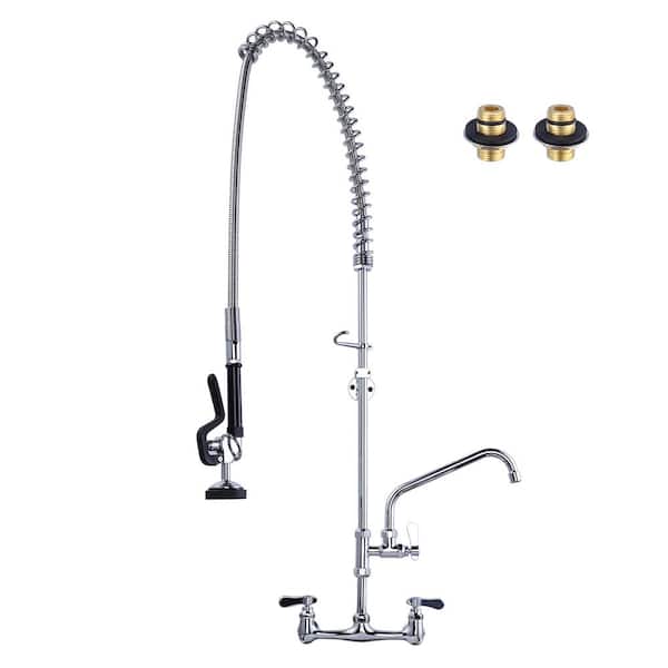 IVIGA 47 in. H Commercial Wall Mount Triple Handle Pull Down Sprayer Kitchen Faucet with Pre-Rinse Sprayer in Polished Chrome