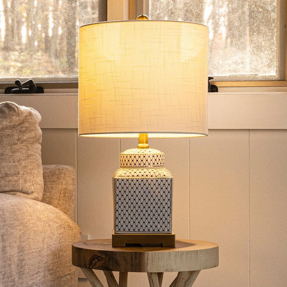 Cleo 21.5" White and Blue Ceramic Ginger Jar LED Table Lamp