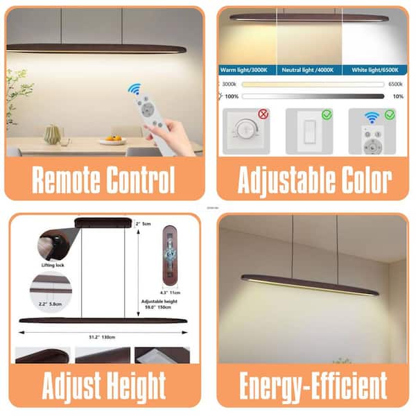51 in. 1-Light LED Walnut Wood Warehouse Pendant Hanging Light with Remote Control, Dining Room, Kitchen