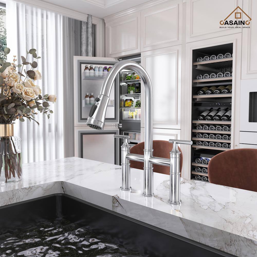 Brushed Nickel Double Handle Bridge Kitchen Faucet with Pull-out Spray