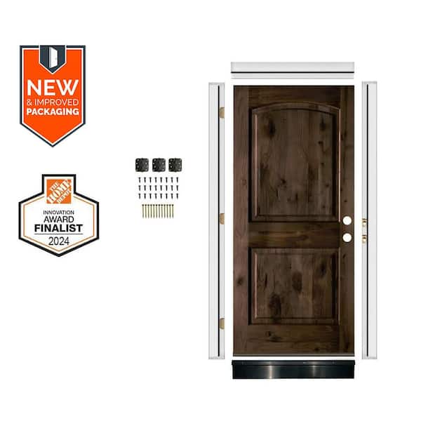 DIY 32 in. x 80 in. Knotty Alder 2-Panel Left-Hand Top Arch Black Stain Single Wood Front Door Kit w/Quick Assemble Jamb