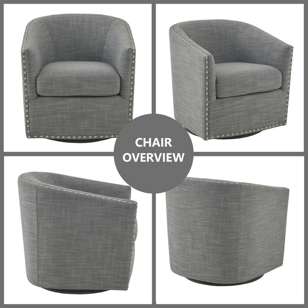 Elegant Gray Barrel Swivel Lounge Chair with Silver Nailheads