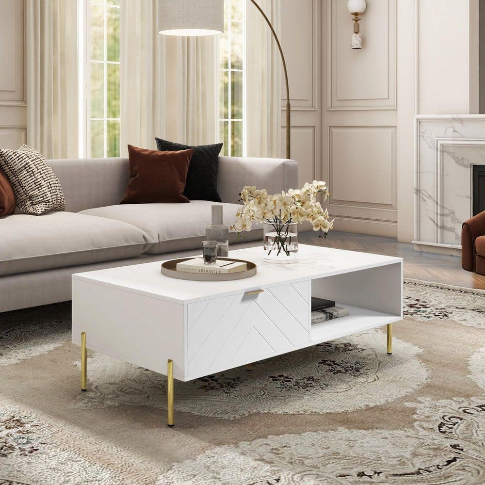 Mid-Century Modern 47 in. White Rectangle MDF Coffee Table with Double Drawers and Open Storage for Living Room price history on PriceWatchPro