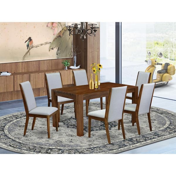 East West Furniture 7-Piece Rectangle Natural Oak Finish Solid Wood Top Dining Set with 1 table and 6 Upholstered Chairs with Lattice Back