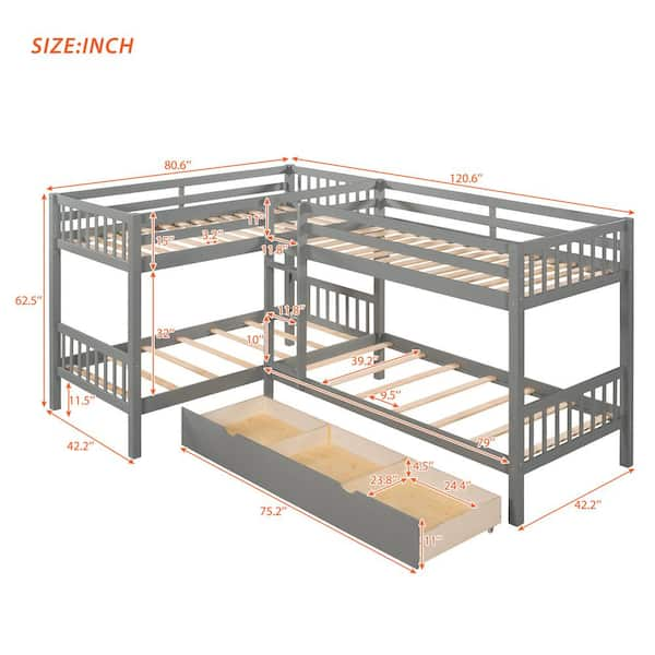 Quad Bunk Beds with Slide L-Shape Bunk Bed for 4 Twin Over Twin Metal  Bunked Frame for Kids Boys Girls Teens, Black