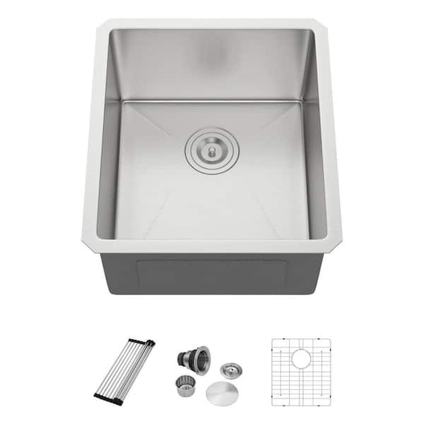 16-Gauge Stainless Steel 19 in. Undermount Bar Sink in Brushed Nickel with Roll Up Rack