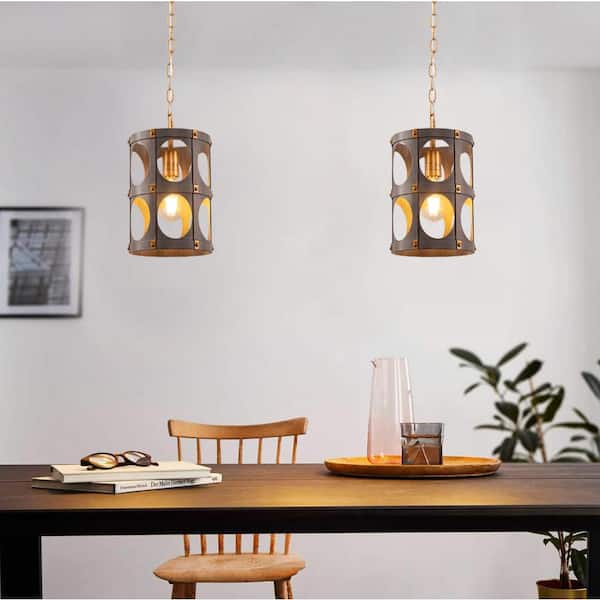 60-Watt 1-Light Wood and Gold Cylinder Pendant Light with Metal Cage and No Bulbs Included