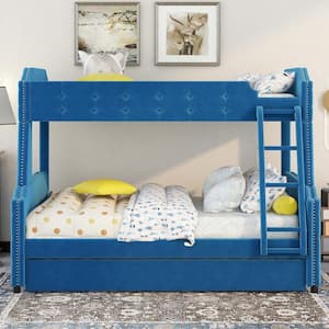 Blue Twin over Full Upholstered Bunk Bed with Trundle and Ladder, Tufted Button Design