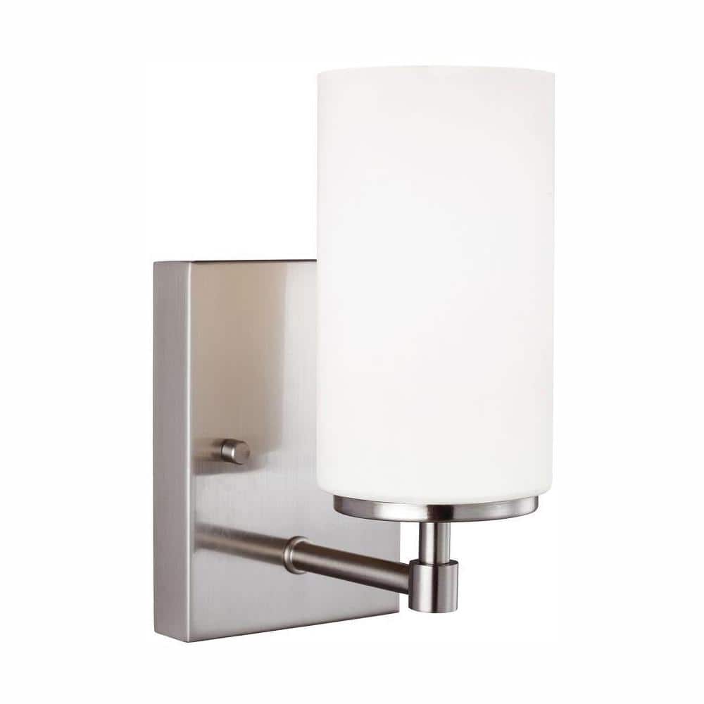Alturas 4.375 in. Brushed Nickel Modern Contemporary Wall Sconce Vanity Light with Satin Etched Glass Shade and LED Bulb price history on PriceWatchPro
