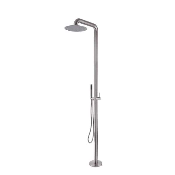 Outdoor Exposed 1-Handle 2-Spray Freestanding Shower Faucet 2 GPM Floor Mount Shower Kit with Hand Shower in Silver