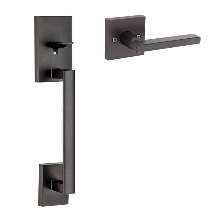 Kwikset San Clemente Matte Black Door Handleset with Halifax Square Door Handle with Microban Antimicrobial Technology