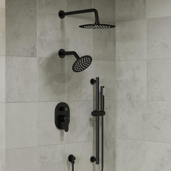 EVERSTEIN 3-Spray Patterns Round Fixed Shower Head 10 and 6 in. with 2.5 GPM Wall Mount Dual Shower Heads in Matte Black