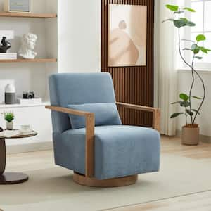 30.3 in. W Elegant 360° Upholstered Swivel Chair with Solid Wood Armrests and Weathered Base - Pale Blue