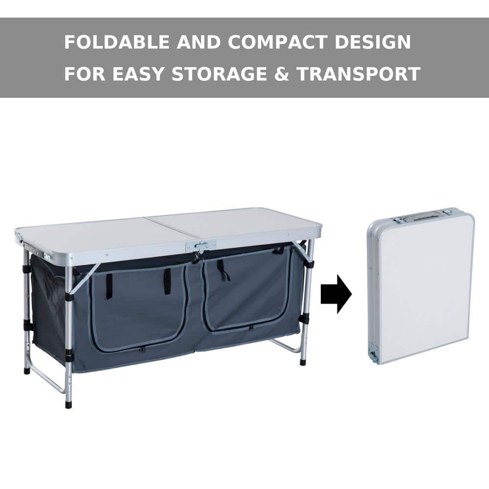 47" White Aluminum Folding Camping Table with Storage Organizer