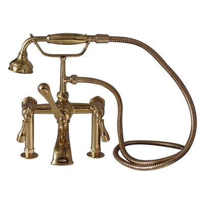 3-Handle Rim Mounted Claw Foot Tub Faucet with Elephant Spout and Hand Shower in Polished Brass