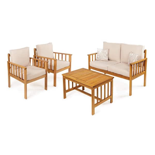 JONATHAN Y Everly 4-Piece Cottage Acacia Wood Outdoor Patio Set and Tropical Decorative Pillows, Beige/Teak Brown Cushions
