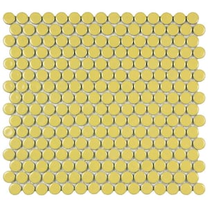 Hudson Penny Round Vintage Yellow 6 in. x 6 in. Porcelain Mosaic Take Home Tile Sample