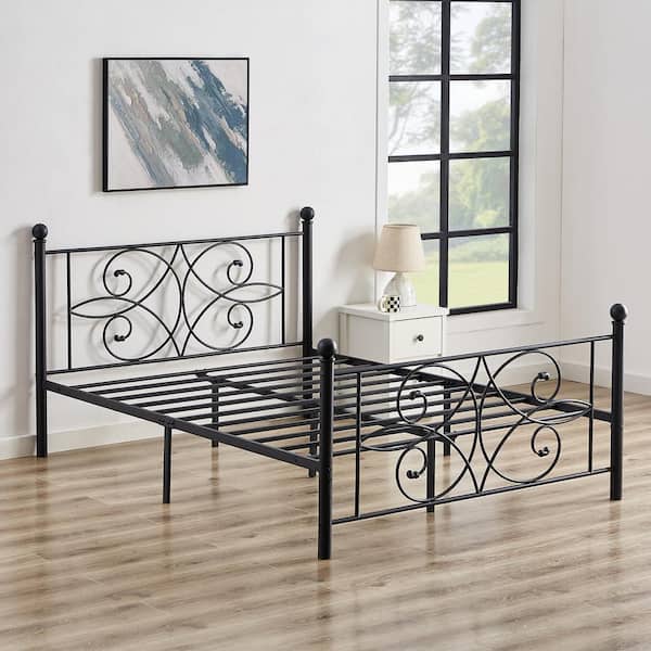 54 in. Black Metal Bed Frame Full Size with Headboards Steel Platform Bed for Kids Box Spring Replacement