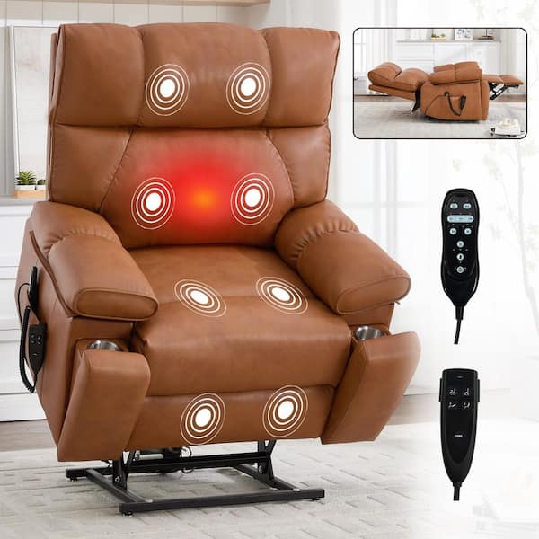 Caramel Oversized Dual Motor Genuine Leather Power Lift Recliner with Heat and Massage, 2-Pocket Cup Holders