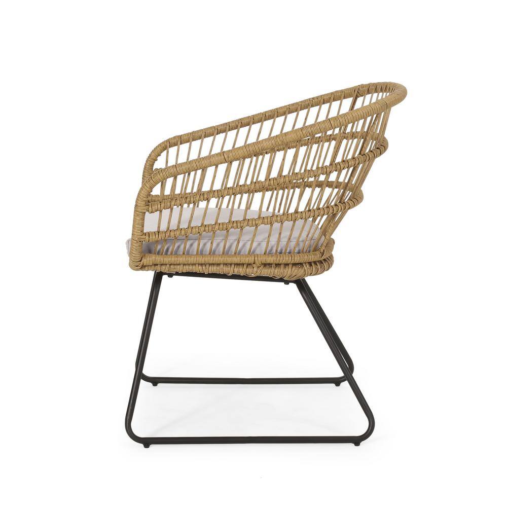 Set of 2 Light Brown and Beige Wicker Outdoor Dining Chairs with Iron Frame