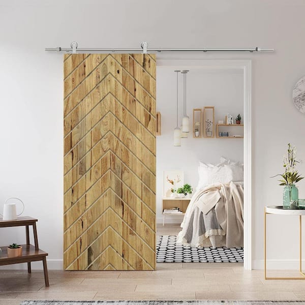 Herringbone 30 in. x 96 in. Fully Assembled Weather Oak Stained Wood Modern Sliding Barn Door with Hardware Kit