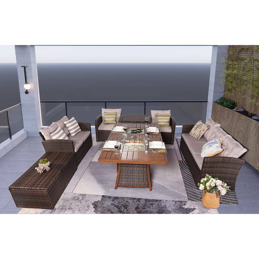 7 -Piece Brown Wicker Outdoor Sectional Conversational Sofa Set With Gas Firepit, Ice Container Table and Beige Cushions -  Afoxsos, HDDB027