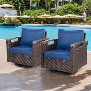 Nyajiah Wicker Outdoor Rocking Chair with Blue Cushions (2-Pack)