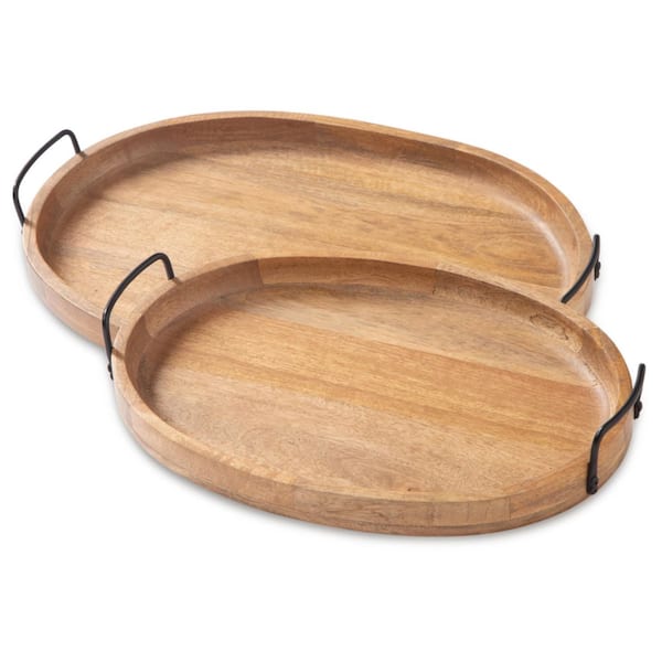 Signature DESIGN BY ASHLEY Jocelyne Brown Oval Wood 21.13 in. Decorative Tray (Set of 2)