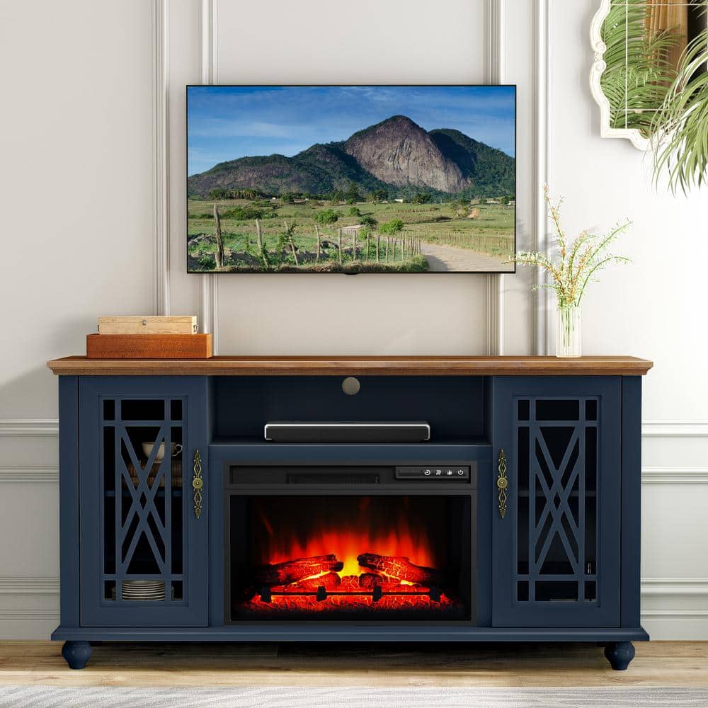 Navy and Natural Wood 62" TV Stand with Fireplace