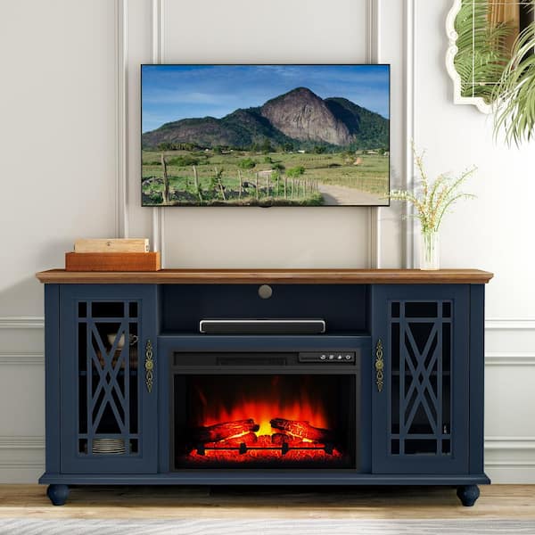 Elegant 61 TV Stand with Fireplace 62 in Width Navy