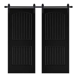 Modern 2- Panel CheyenneDesigned 72 in. x 96 in. MDF Panel Black Painted Double Sliding Barn Door with Hardware Kit