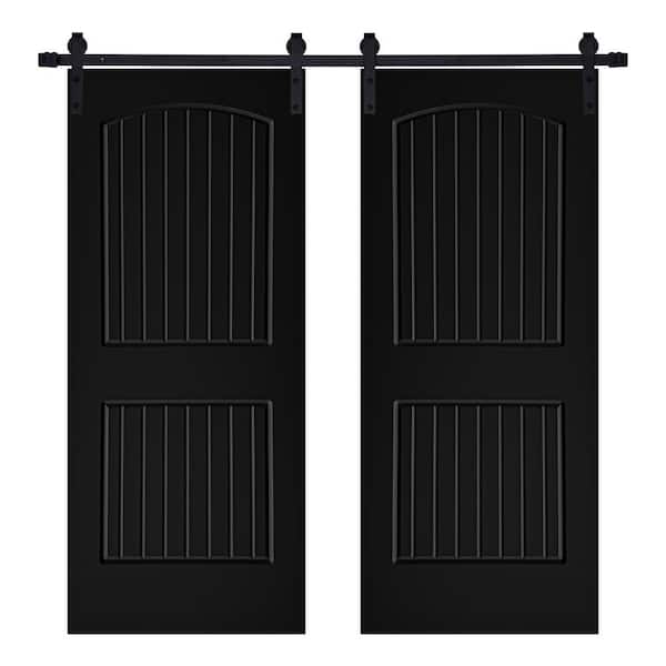 AIOPOP HOME Modern Cheyenne Designed 64 in. x 80 in. 2-Panel MDF Panel Black Painted Double Sliding Barn Door with Hardware Kit