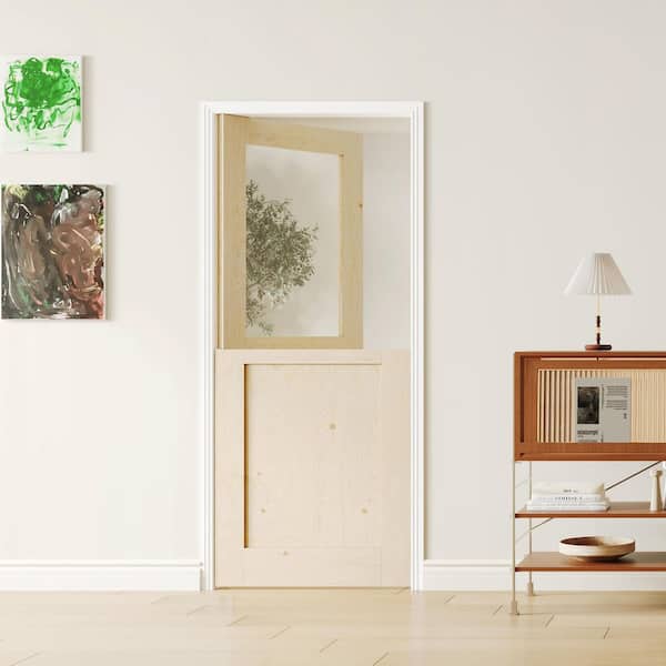 36 in. x 80 in. 1/2 Lite Clear Glass Primed Half Split Interior Dutch Door Slab with Natural Pine Wood Color
