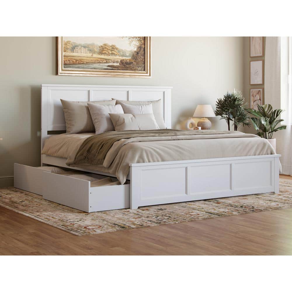 White King Solid Wood Platform Bed with Storage Drawers