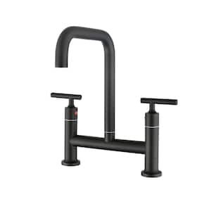 Double Handle Bridge Kitchen Faucet Stainless with 360° rotation in Matte Black