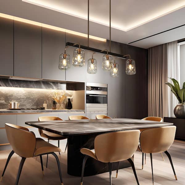 Modern 6-Light Gunmetal Gray and Brass Linear Chandelier for Kitchen Island with Textured Glass Mason Jar Shades