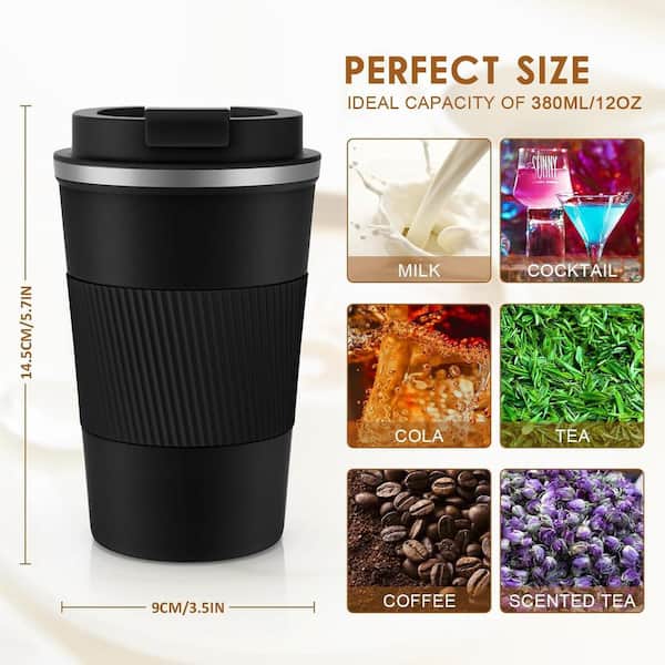 Wudkey 12 oz. Insulated Reusable Black Stainless Steel Vacuum Travel Coffee Mug with Seal Lid for Outdoor Use