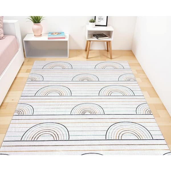 8 ft. x 11 ft. Ivory Blue and Yellow Juvenile Rainbows Youthful Area Rug