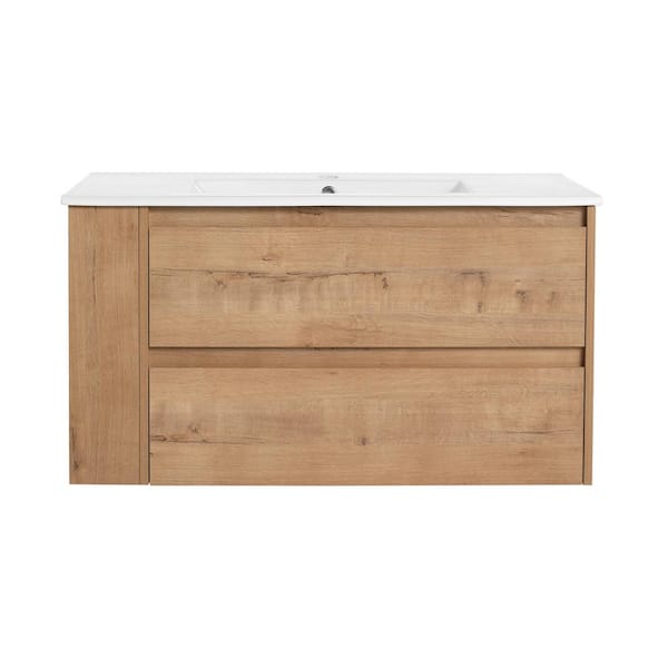 35.9 in. W x 18.3 in. D x 19.7 in. H Wall-Mounted Bath Vanity in Imitative Oak with White Ceramic Top