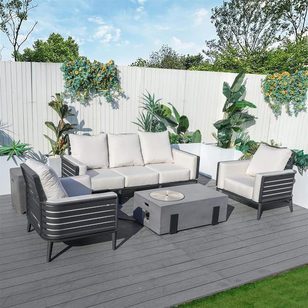 DIRECT WICKER Mailbox 5-Piece Aluminum Patio Conversation Set with Beige Cushions, Grey Rectangle Concrete Fire Pit Table