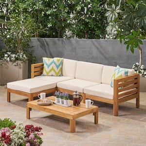 Cambridge Teak Brown 5-Piece Wood Outdoor Patio Conversation Sectional Seating Set with Beige Cushions