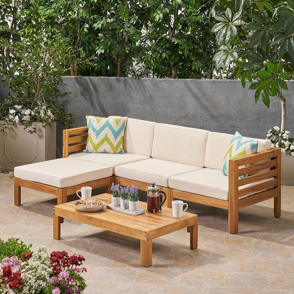 Noble House Cambridge Teak Brown 5-Piece Wood Patio Conversation Sectional Seating Set with Beige Cushions