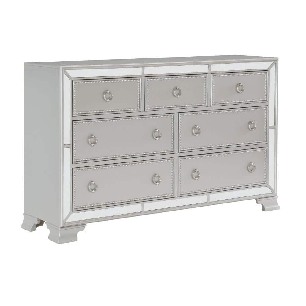 White Glam 7-Drawer Dresser with Mirror Trim and Ring Pulls